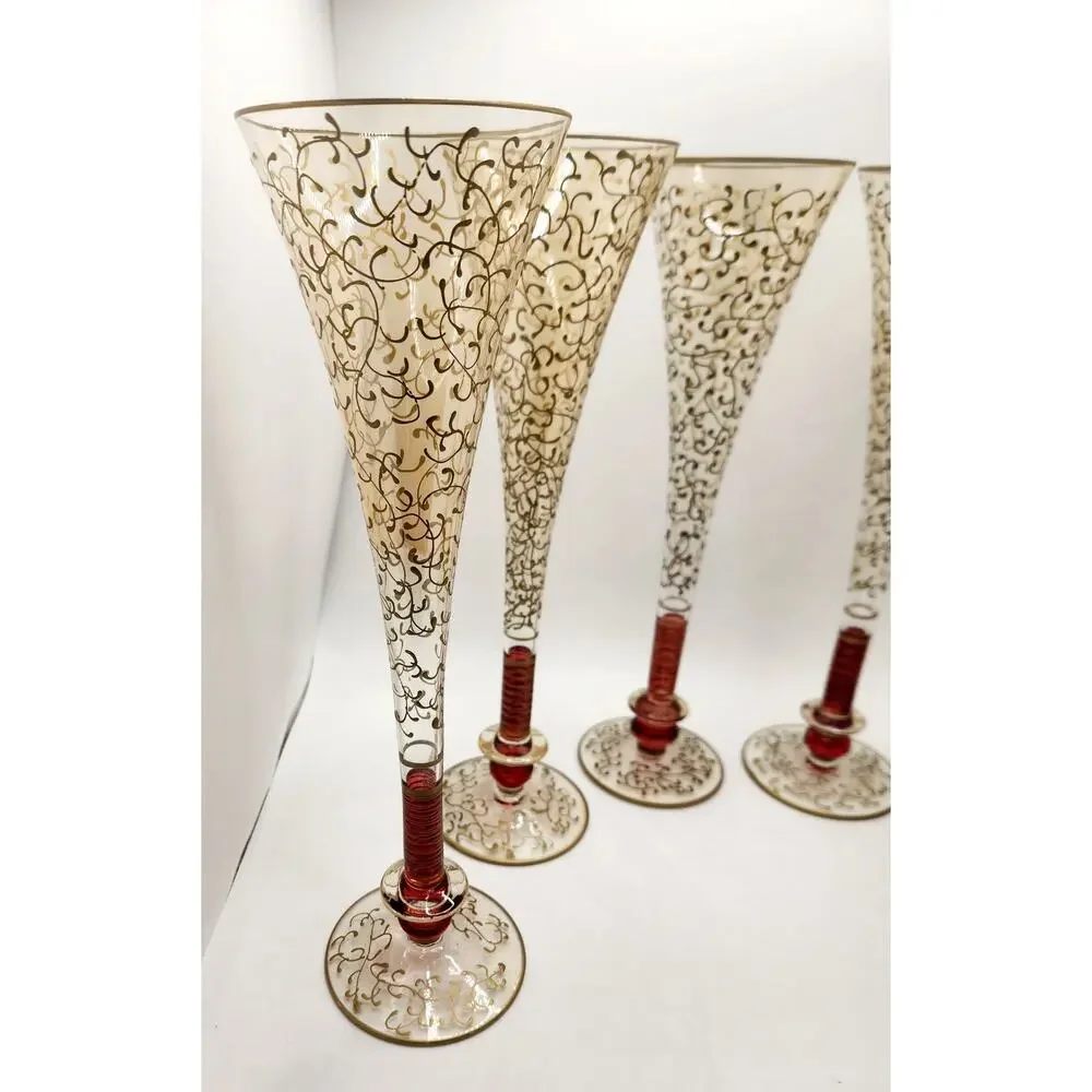 Pier 1 Fluted Champagne Glasses P1C8 Gold Filigree Red Stem Set of 6 Vintage